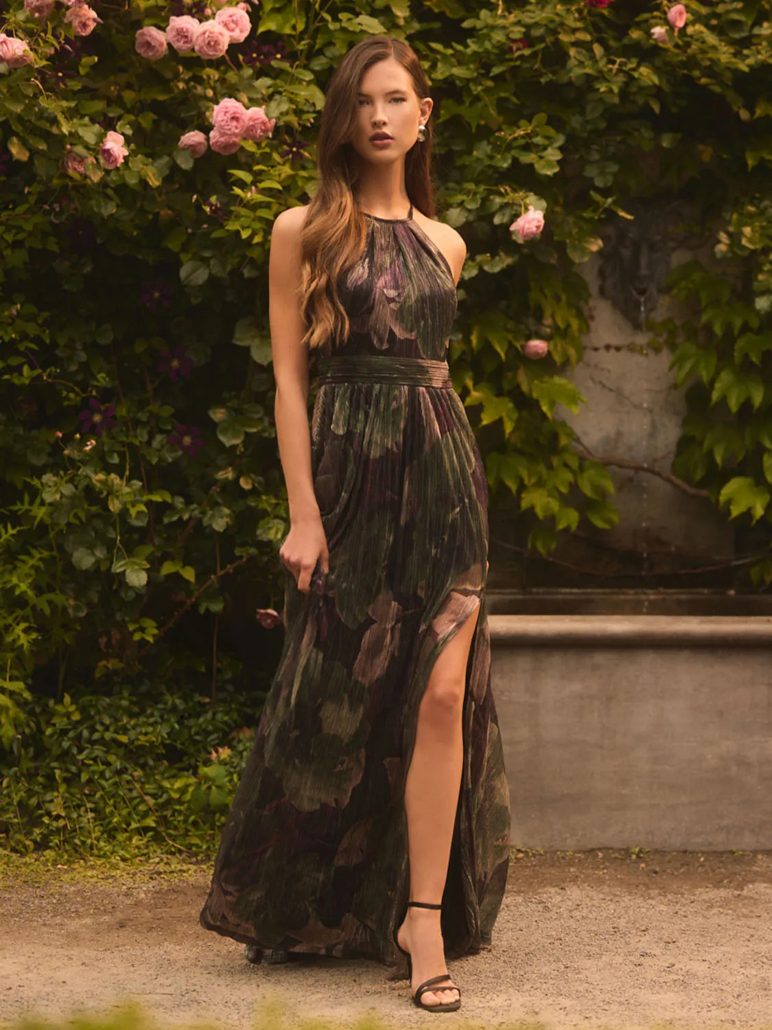 Floral Metallic Crinkle Knit Halter Neck Gown sold by Suzy Shier