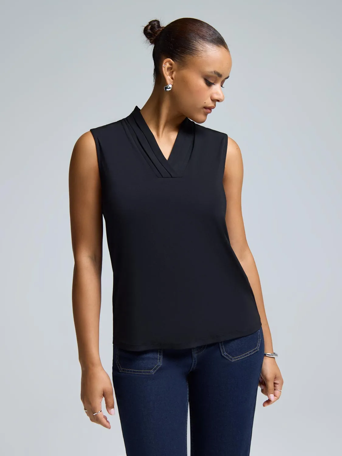 Sleeveless Pleated V-Neck Top sold by Suzy Shier