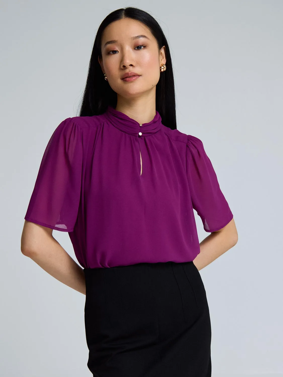 Chiffon Pleated Mock Neck Top sold by Suzy Shier product image thumbnail 2