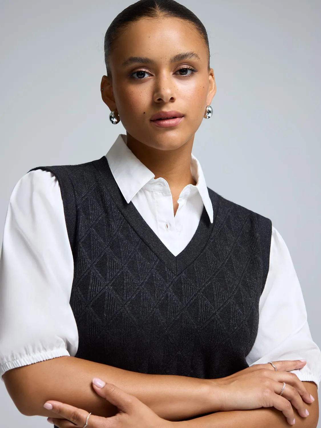 2-Fer Jacquard Knit With Poplin Blouse sold by Suzy Shier product image thumbnail 2