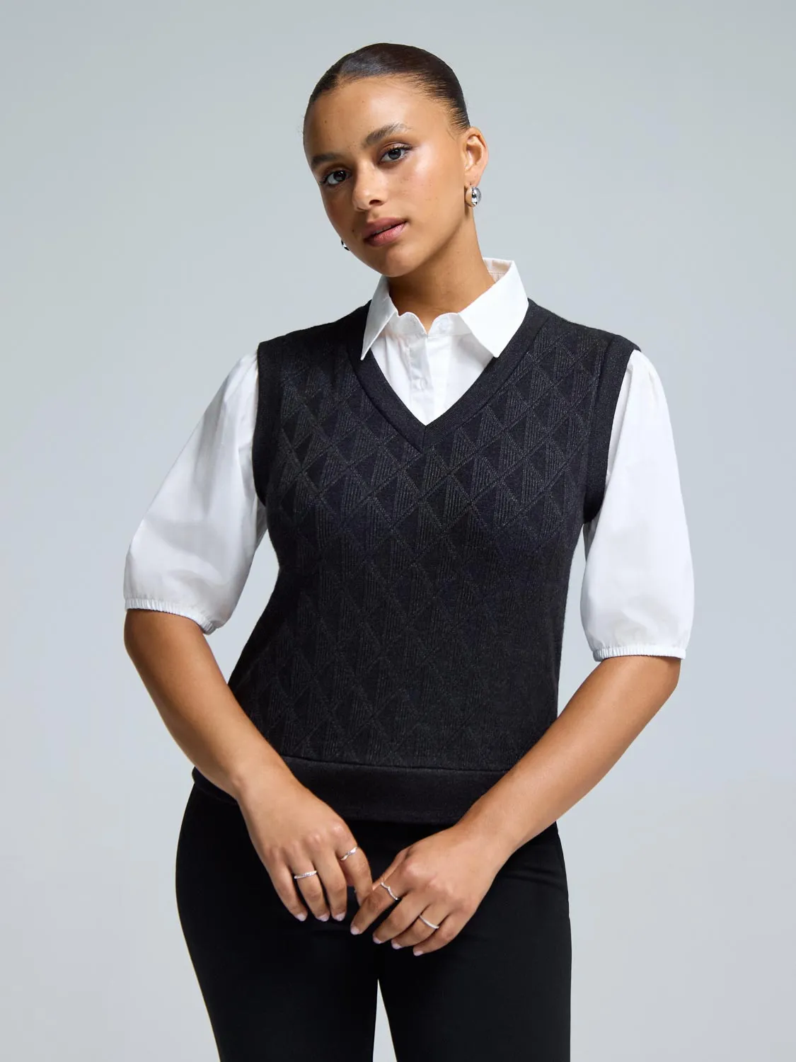 2-Fer Jacquard Knit With Poplin Blouse sold by Suzy Shier