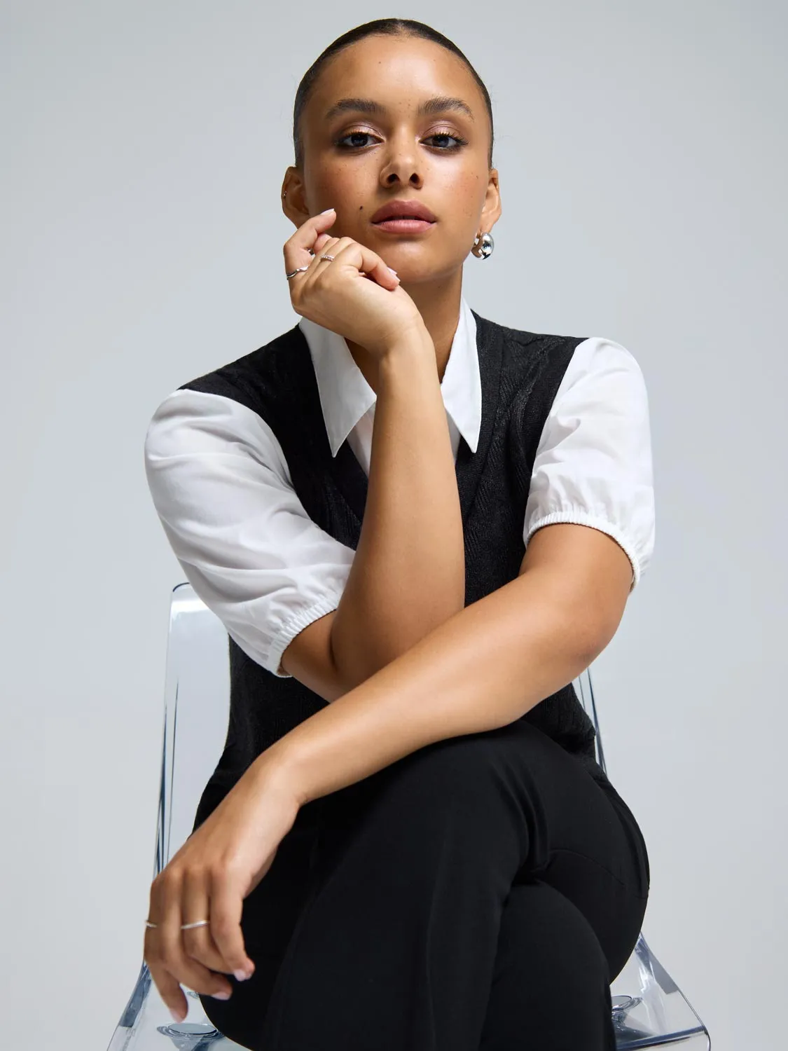 2-Fer Jacquard Knit With Poplin Blouse sold by Suzy Shier product image thumbnail 3