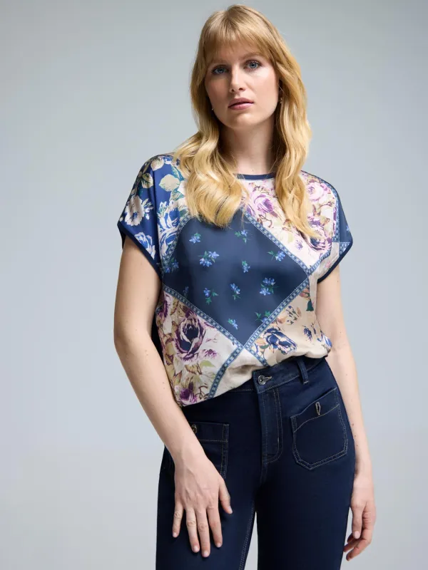 Satin Patchwork Crew Neck Top sold by Suzy Shier