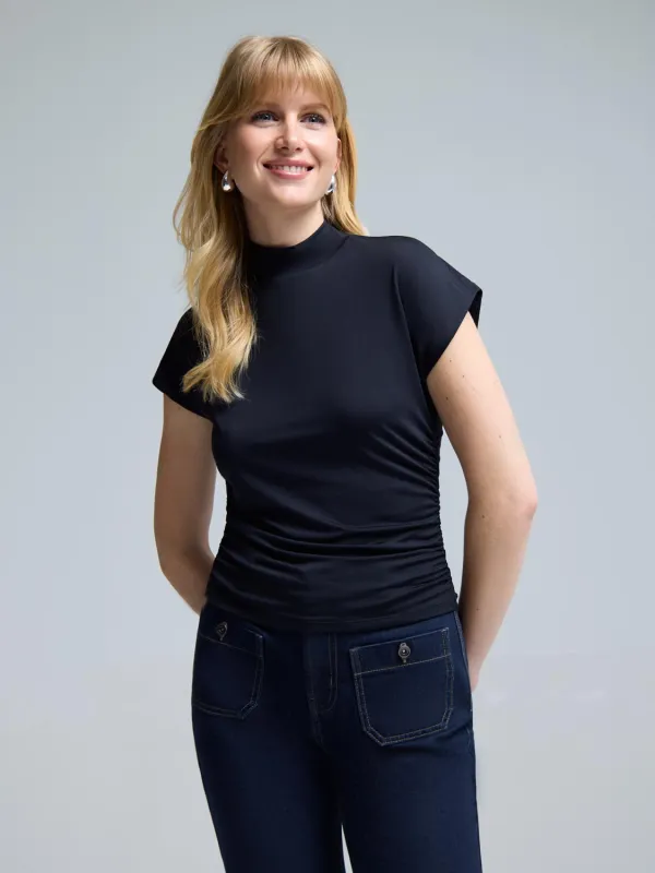 Double Layer Ruched Mock Neck Top sold by Suzy Shier