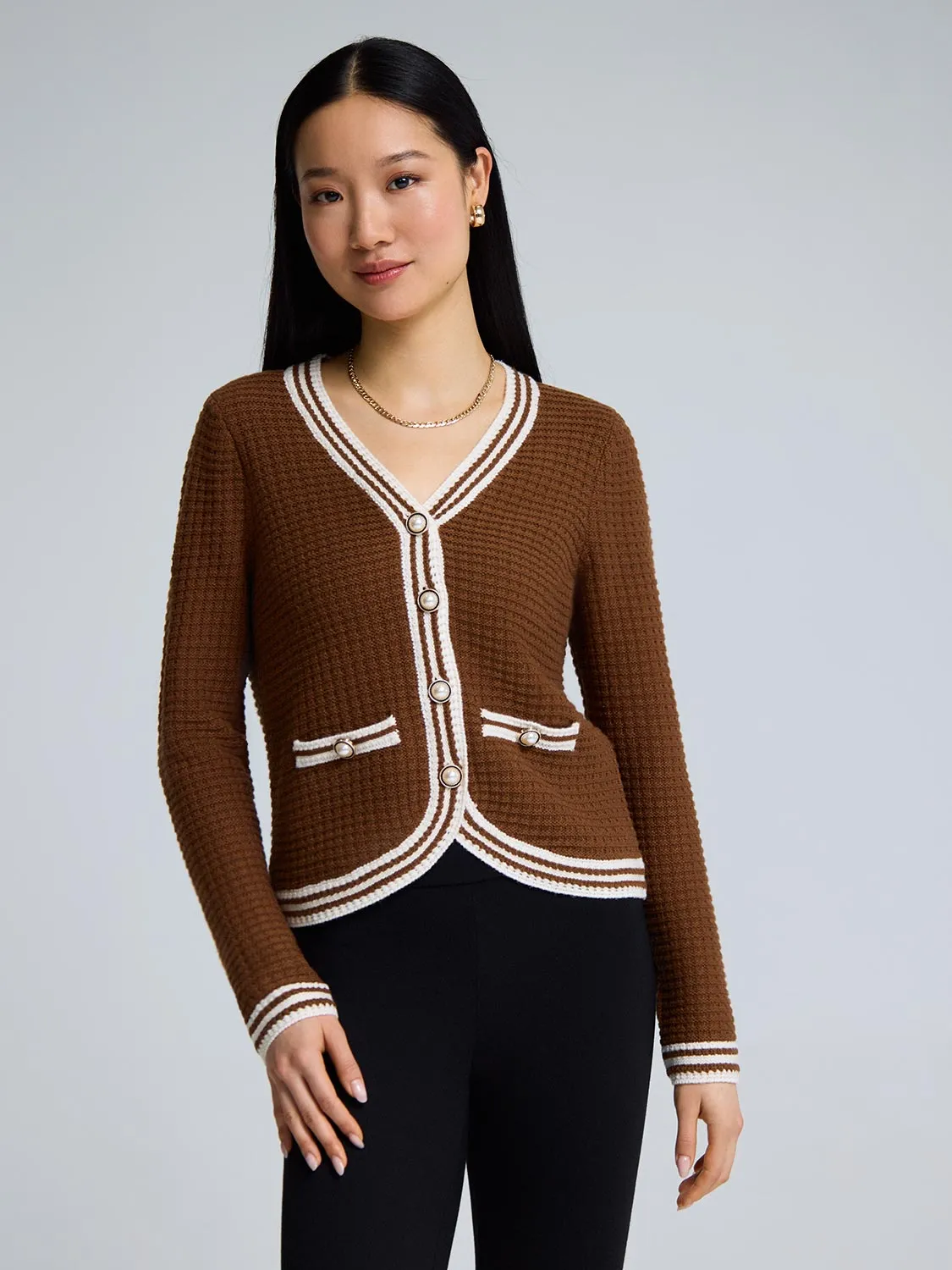 Contrast Trim V-Neck Ribbed Cardigan sold by Suzy Shier product image thumbnail 3