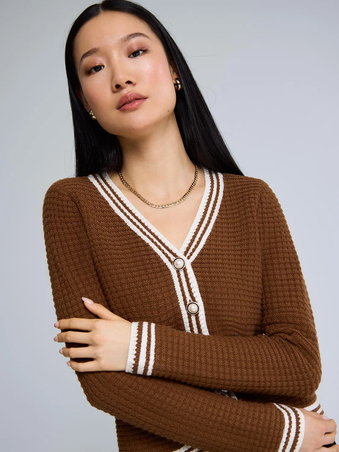Contrast Trim V-Neck Ribbed Cardigan sold by Suzy Shier product image thumbnail 4