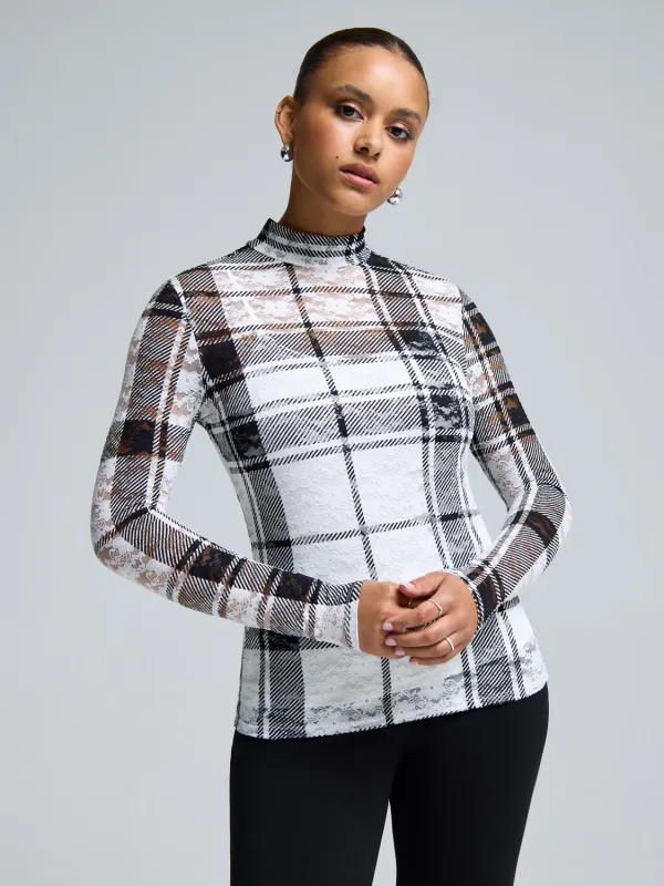 Mock Neck Plaid Shirt With Lace Detail sold by Suzy Shier