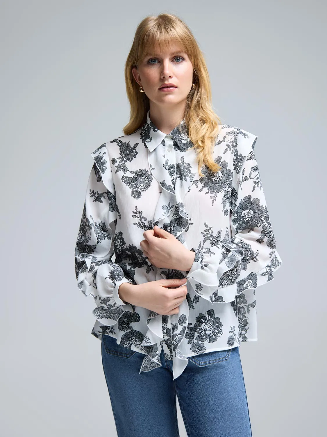 Floral Button-Up Ruffle Blouse sold by Suzy Shier