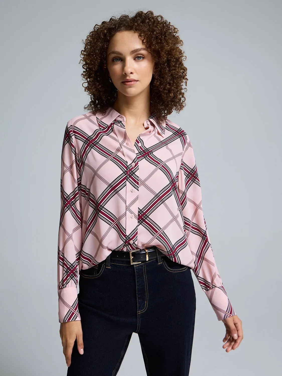Plaid Button-Front Chiffon Blouse sold by Suzy Shier