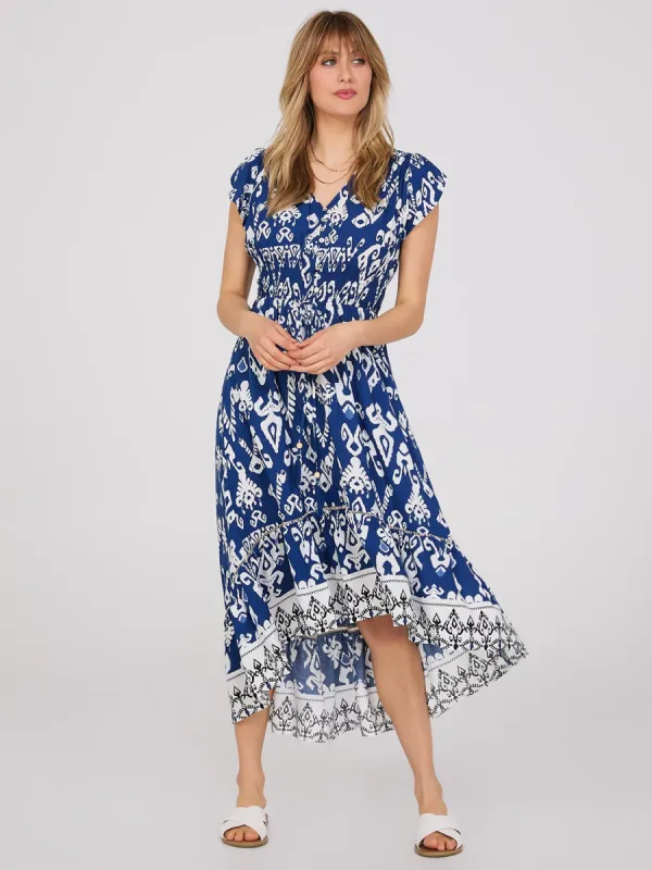 Short Sleeve Border Print Dress With Crochet Details sold by Suzy Shier