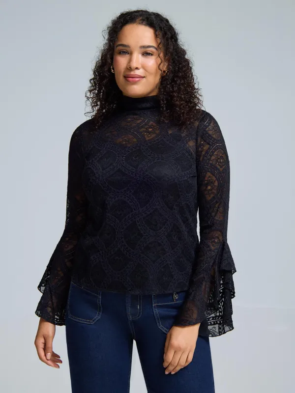 Ruffle Sleeve Mock Neck Lace Top sold by Suzy Shier
