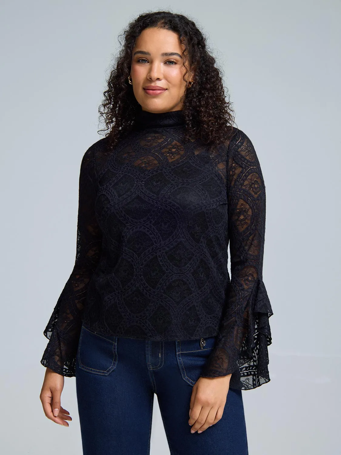 Ruffle Sleeve Mock Neck Lace Top sold by Suzy Shier