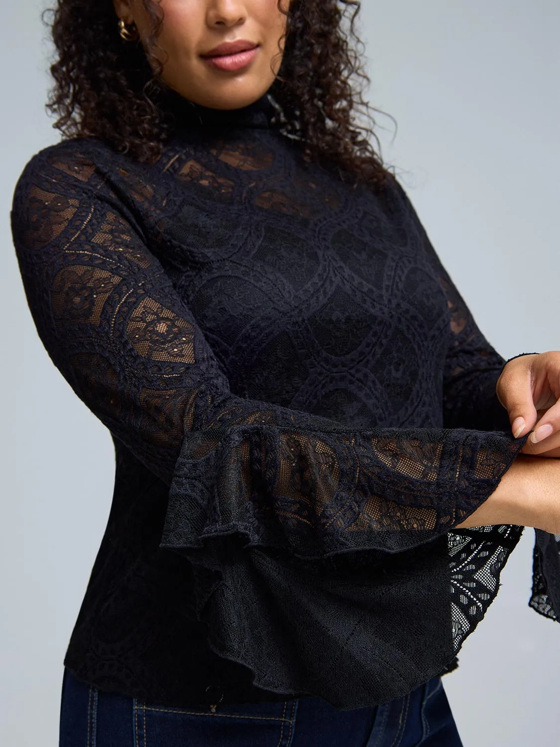 Ruffle Sleeve Mock Neck Lace Top sold by Suzy Shier product image thumbnail 2