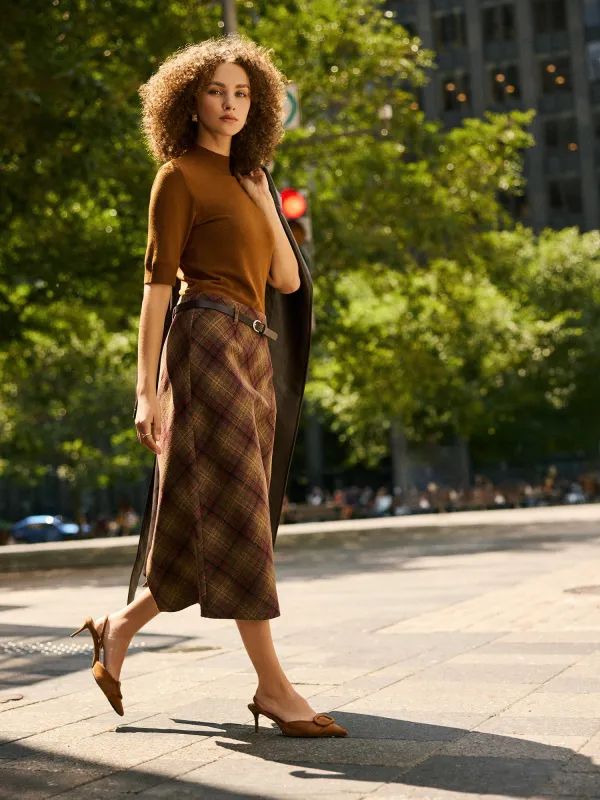 Belted Plaid Midi Skirt sold by Suzy Shier