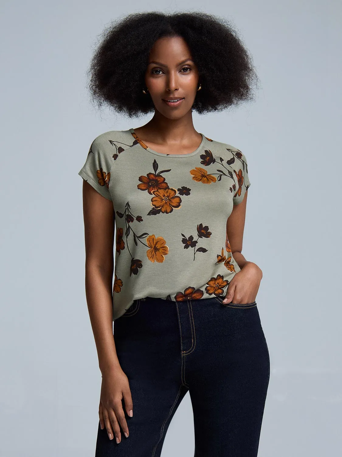 Short Raglan Sleeve Floral T-Shirt sold by Suzy Shier