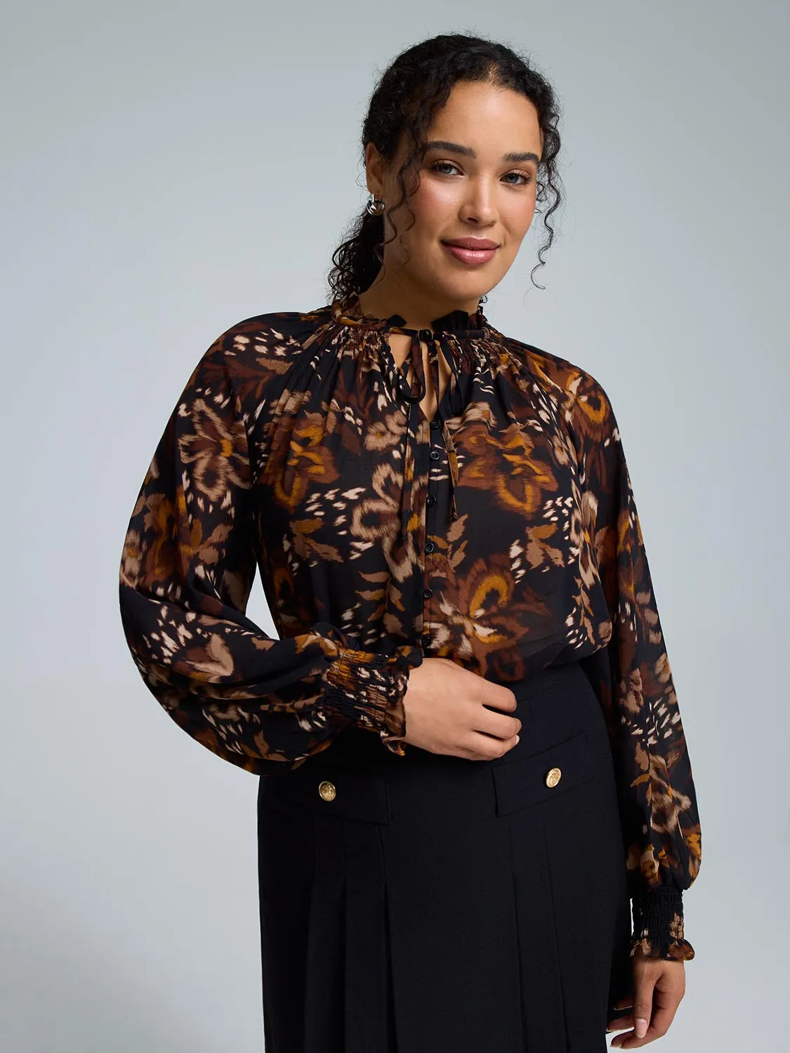 Floral Smocked Neck Chiffon Blouse sold by Suzy Shier