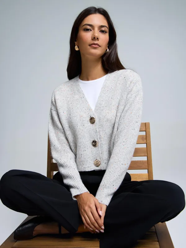 Gold Metal Button-Front Cardigan made by Suzy Shier