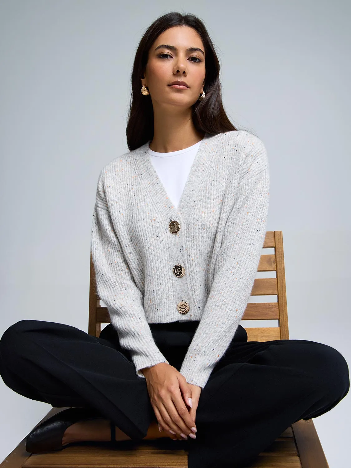 Gold Metal Button-Front Cardigan sold by Suzy Shier