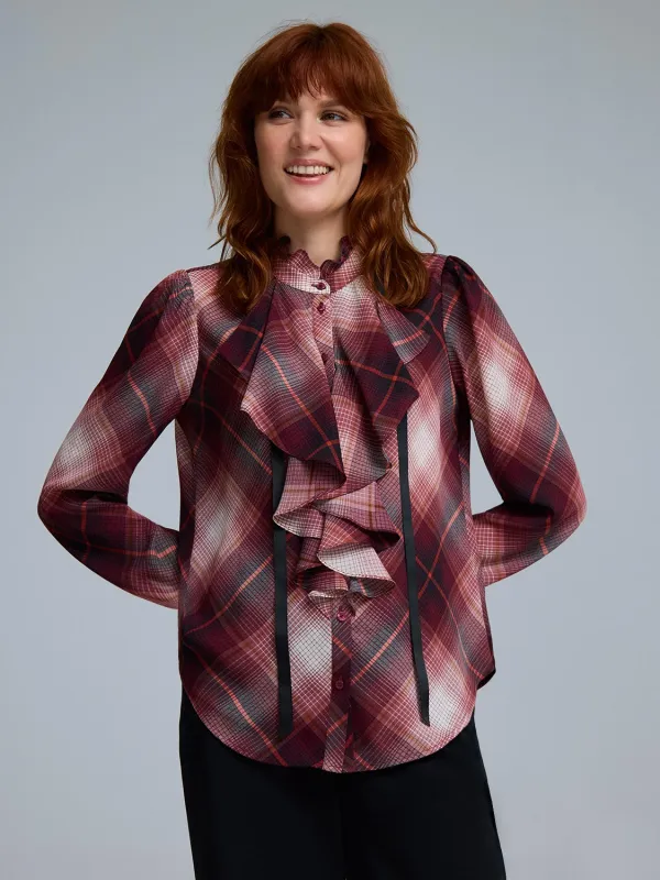 Plaid Ruffle Button-Front Chiffon Blouse sold by Suzy Shier