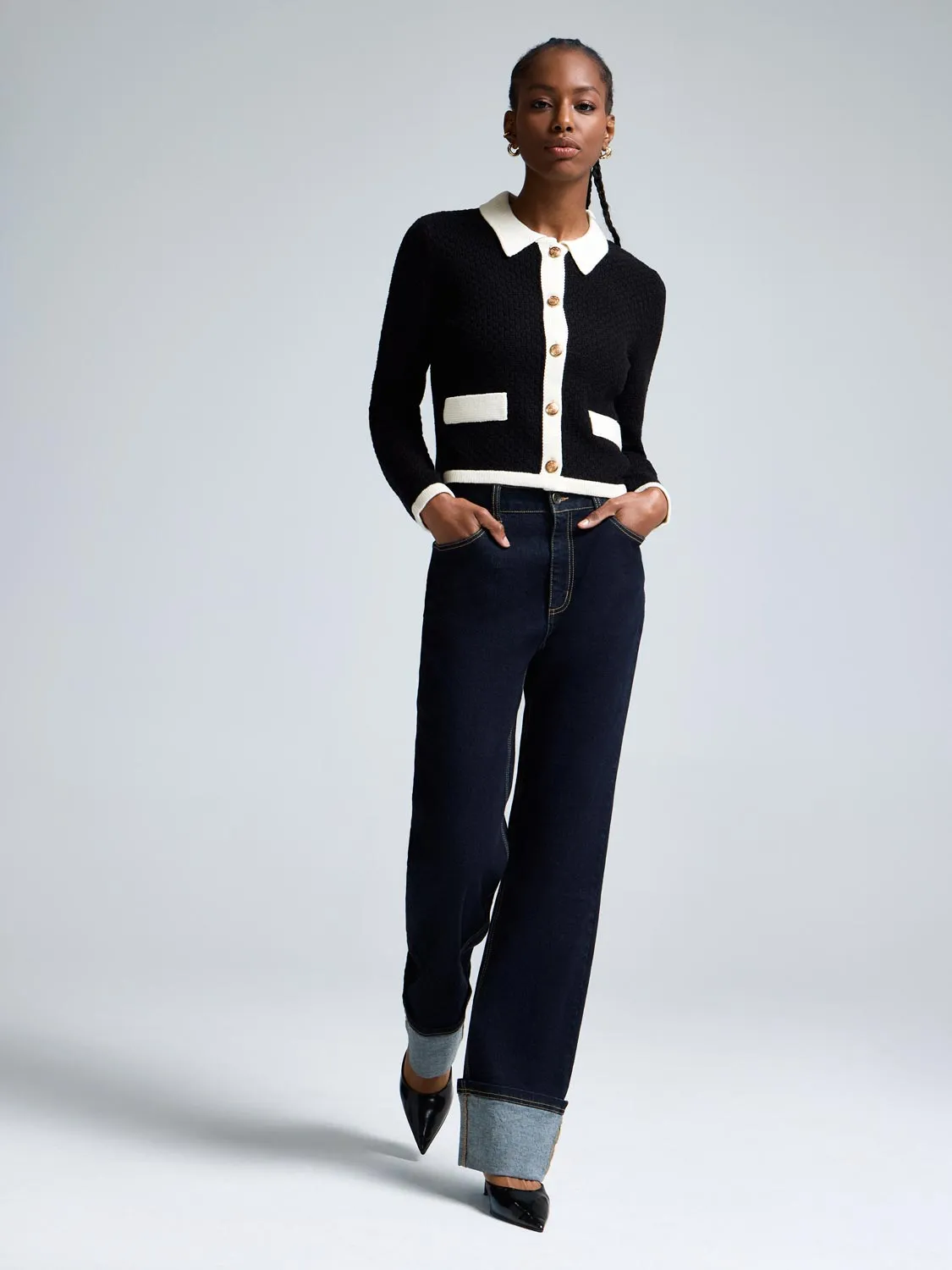 Contrast Collared Basketweave Cardigan sold by Suzy Shier