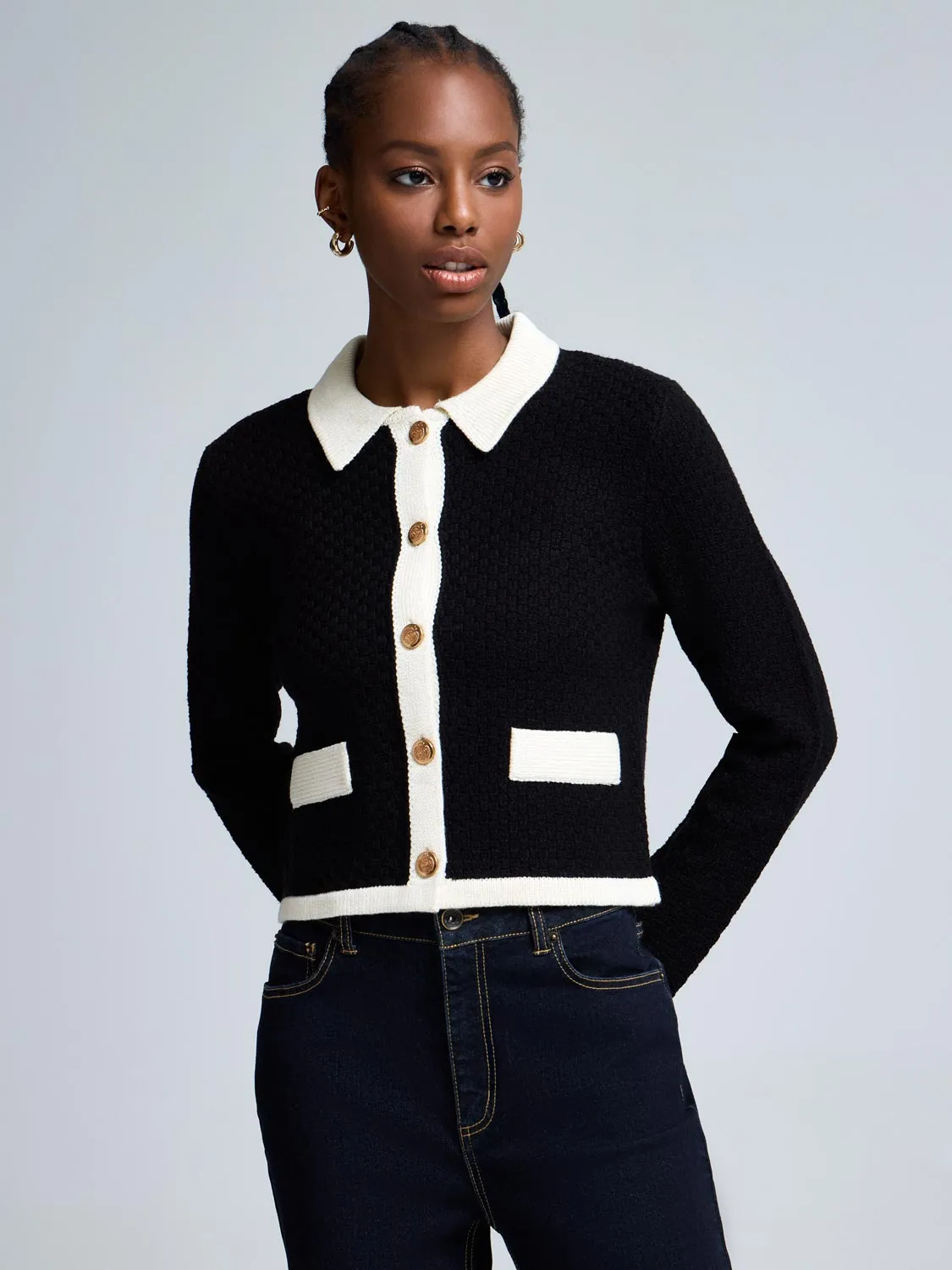 Contrast Collared Basketweave Cardigan sold by Suzy Shier product image thumbnail 3