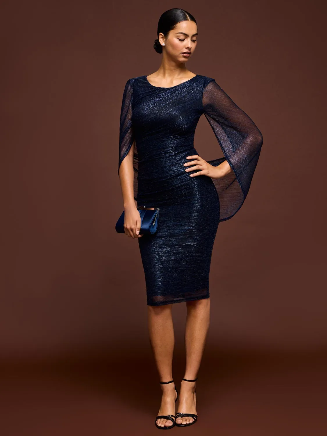 Metallic Crinkle Knit Sheath Dress With Cape sold by Suzy Shier