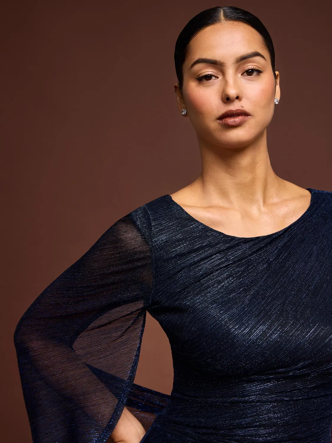 Metallic Crinkle Knit Sheath Dress With Cape sold by Suzy Shier product image thumbnail 4