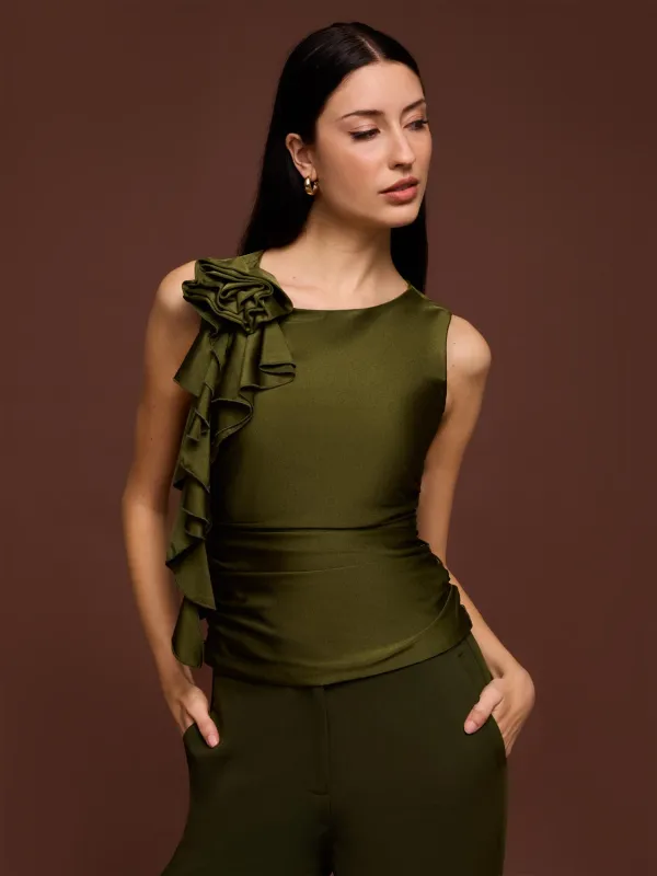 Sleeveless Rosette Ruffle Top sold by Suzy Shier