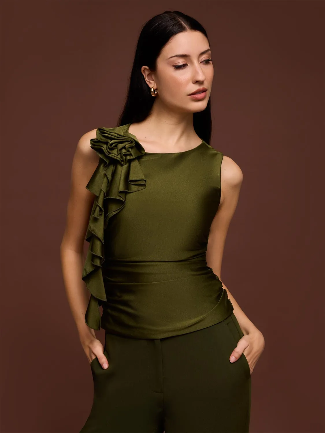 Sleeveless Rosette Ruffle Top sold by Suzy Shier