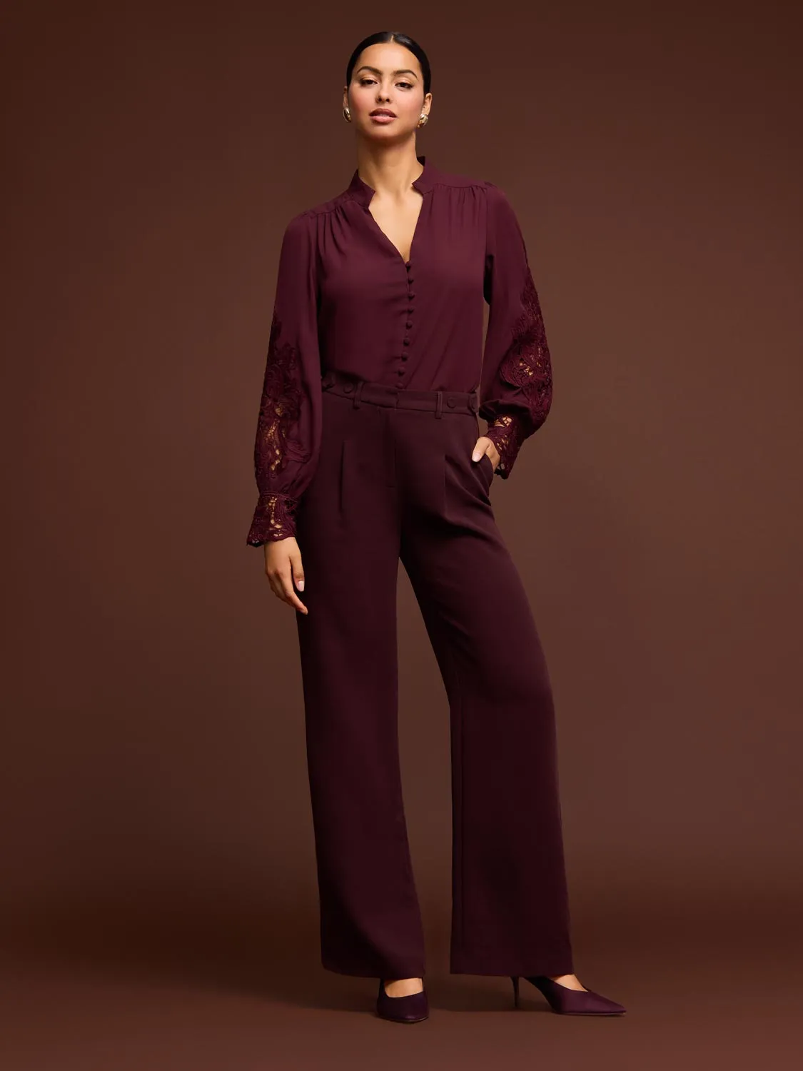 Button-Up Blouse With Crochet Lace Sleeve sold by Suzy Shier