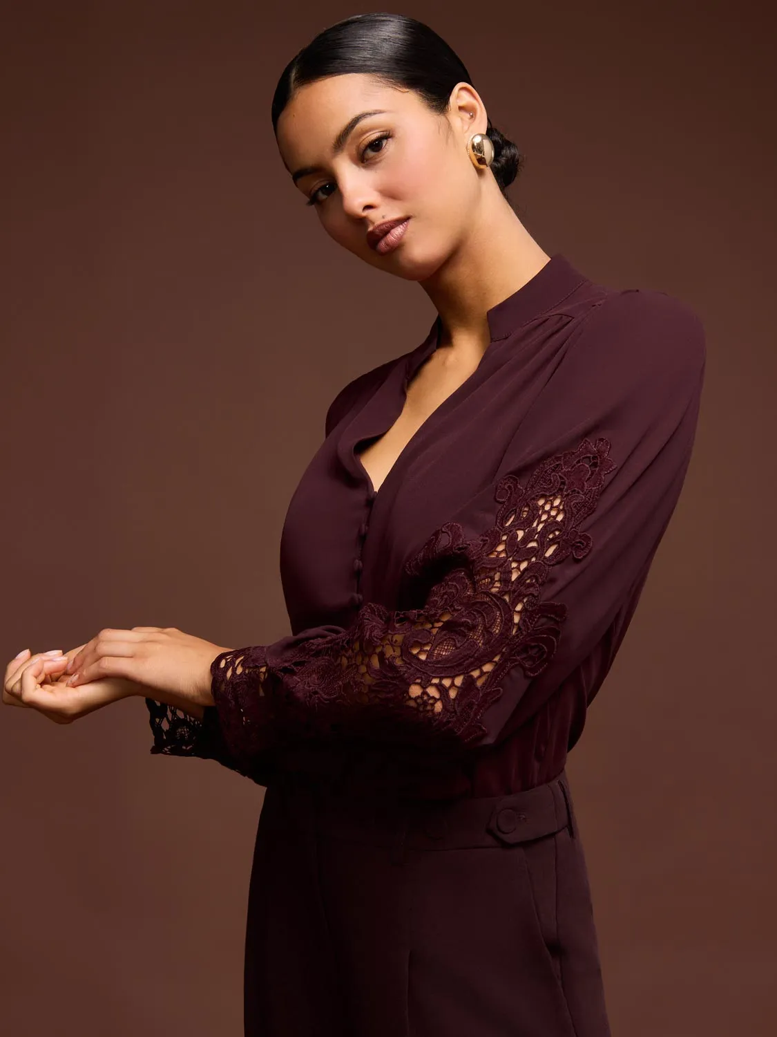 Button-Up Blouse With Crochet Lace Sleeve sold by Suzy Shier product image thumbnail 3