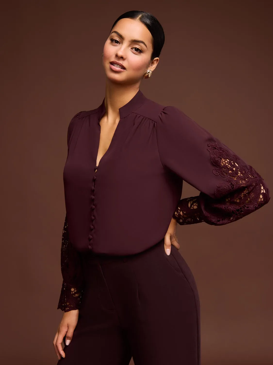 Button-Up Blouse With Crochet Lace Sleeve sold by Suzy Shier product image thumbnail 4