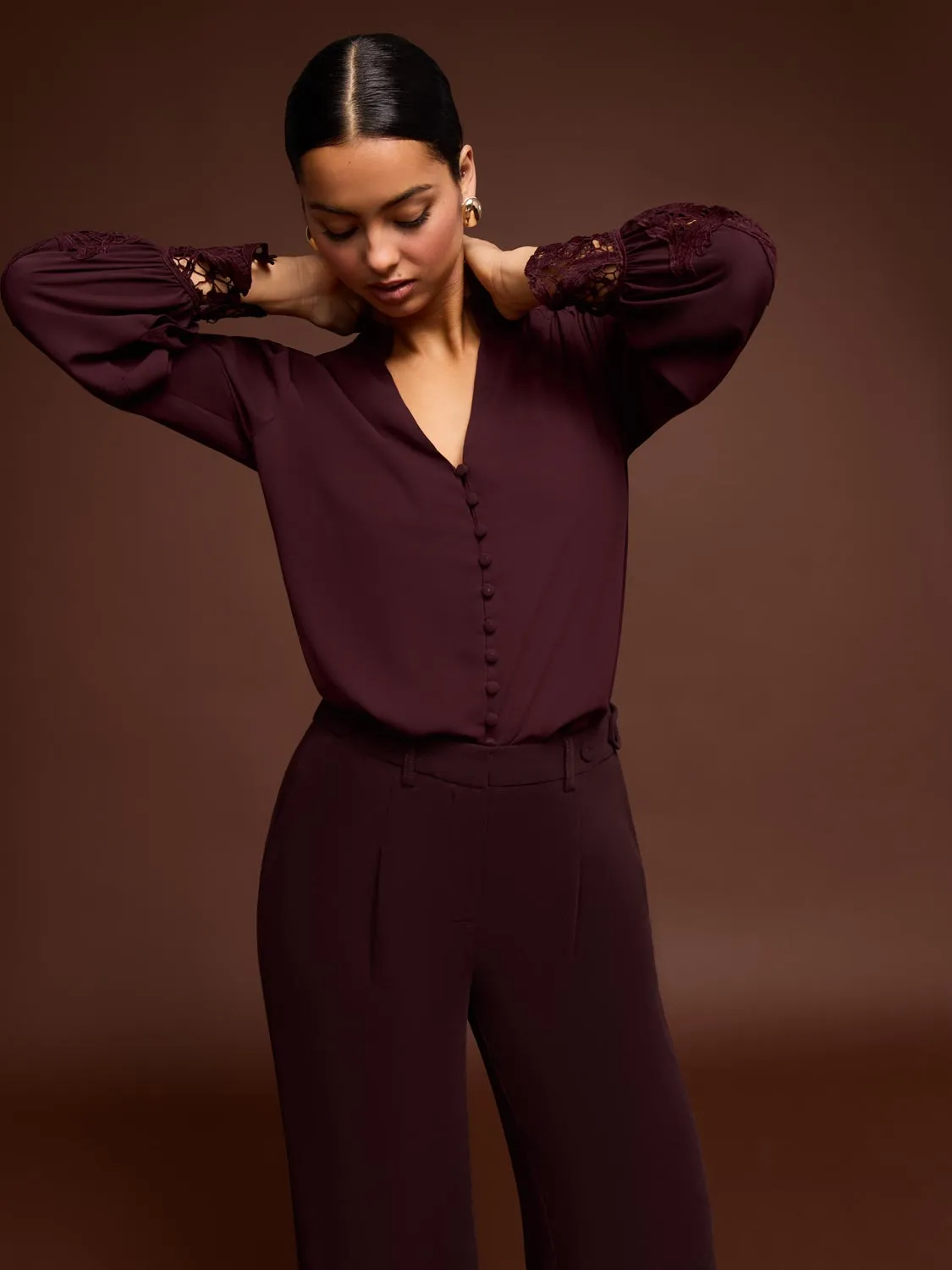 Button-Up Blouse With Crochet Lace Sleeve sold by Suzy Shier product image thumbnail 5