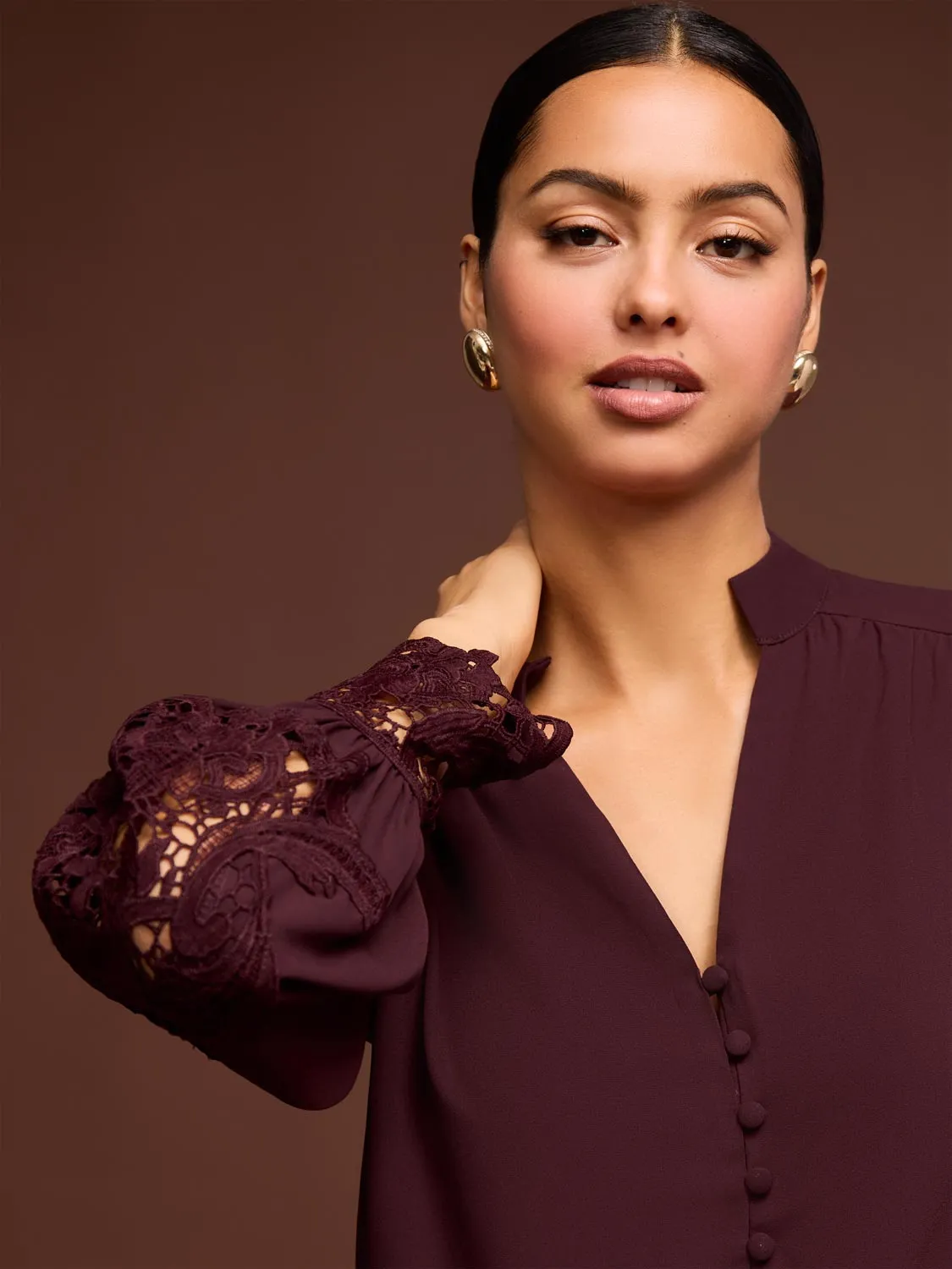 Button-Up Blouse With Crochet Lace Sleeve sold by Suzy Shier product image thumbnail 2