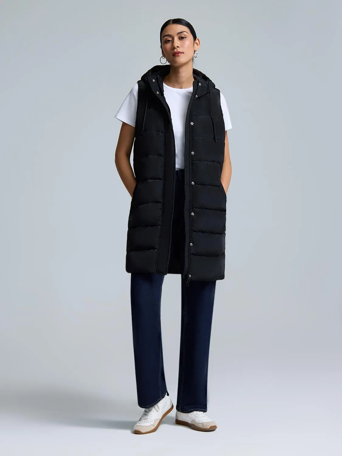 Long Hooded Puffer Vest sold by Suzy Shier