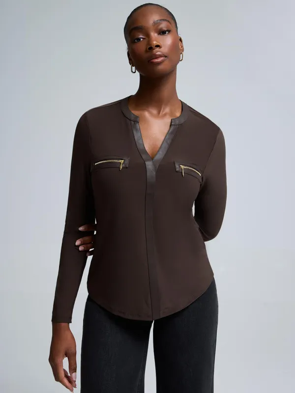 Faux Leather Notch Collar Top sold by Suzy Shier