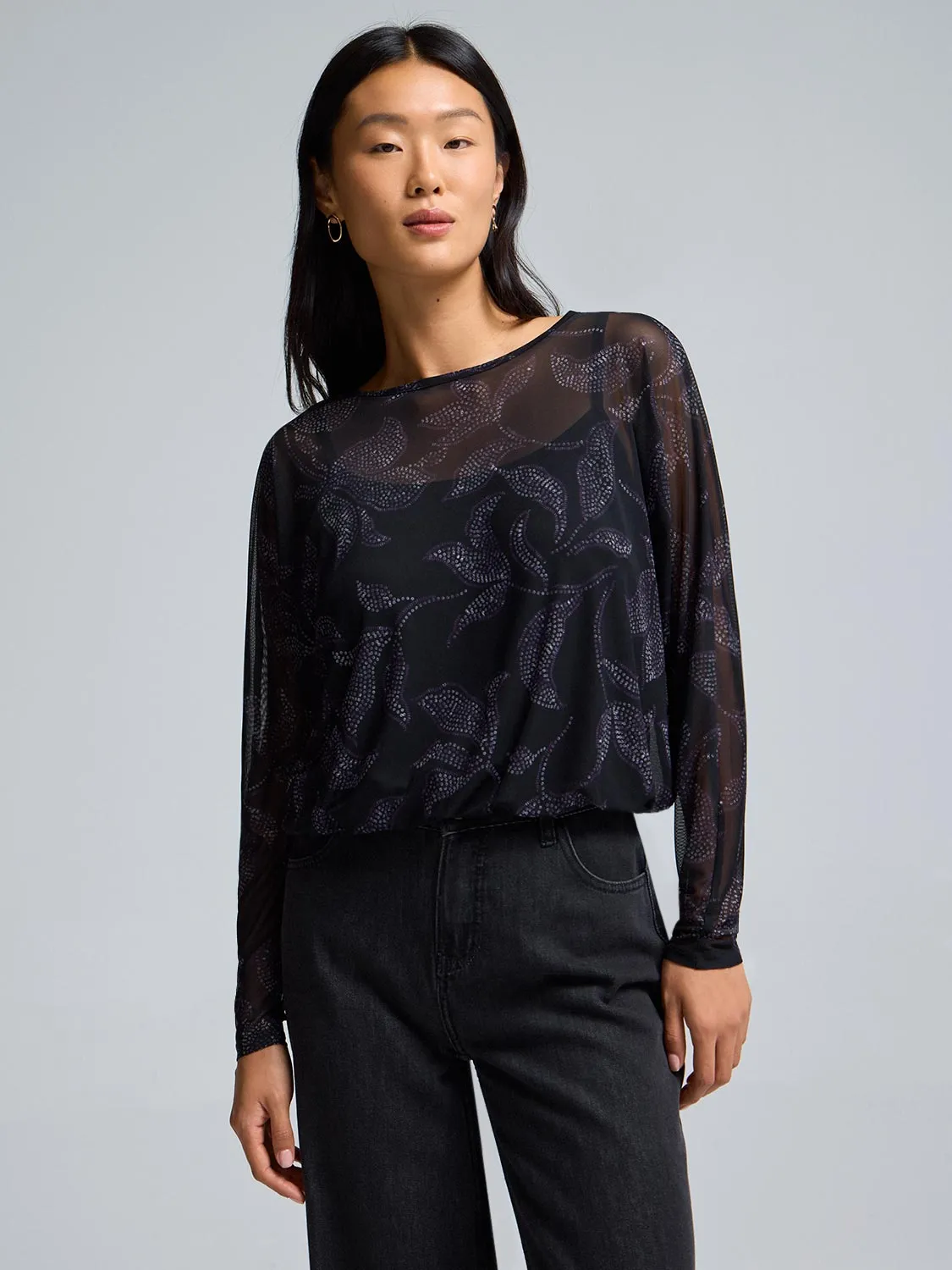 Floral Print Mesh Bubble Top sold by Suzy Shier