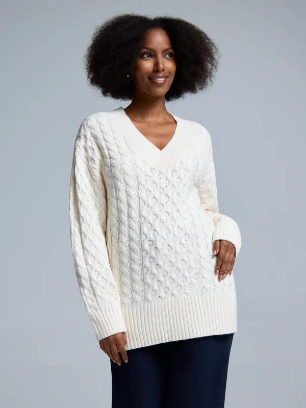 V-Neck Cable Knit Sweater sold by Suzy Shier