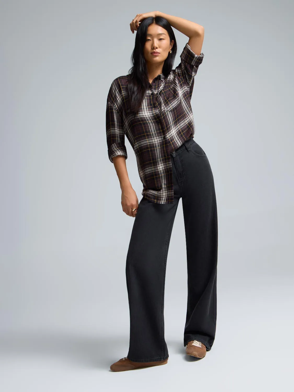Plaid Button-Front Blouse sold by Suzy Shier