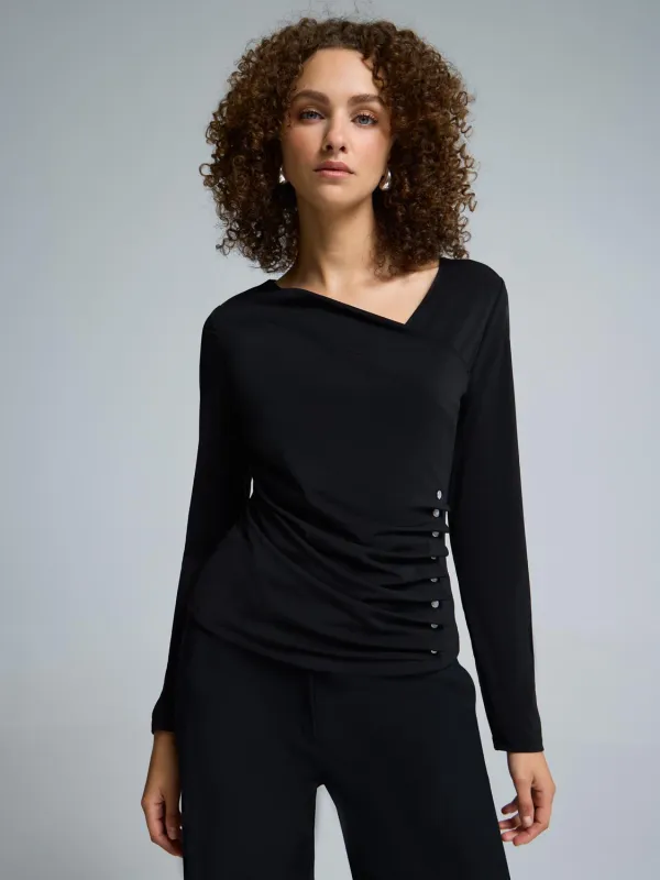 Asymmetrical Neck Gathered Top sold by Suzy Shier