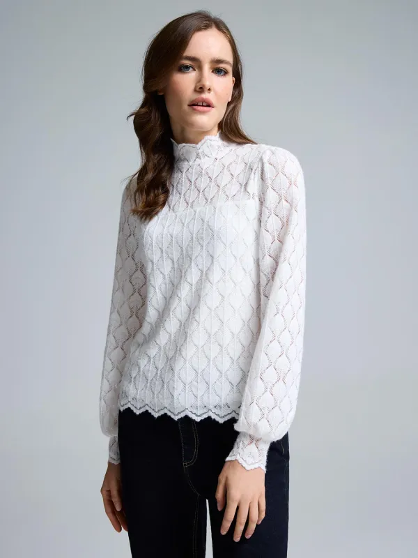 Scallop Lace Mock Neck Top sold by Suzy Shier