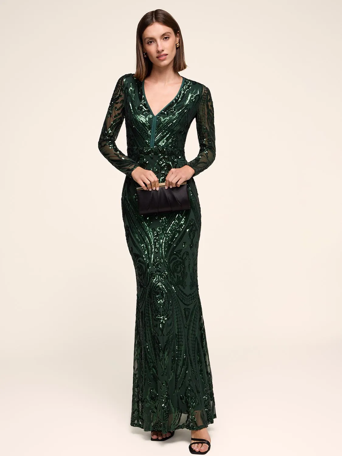 Long Sleeve Floral Sequin Gown sold by Suzy Shier