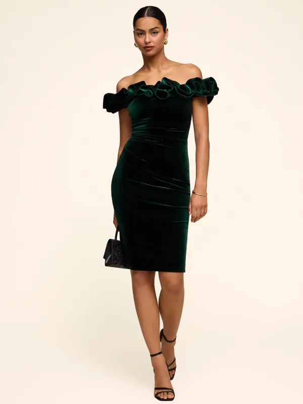 Off-The-Shoulder Velvet Dress With Rosette Ruffle sold by Suzy Shier
