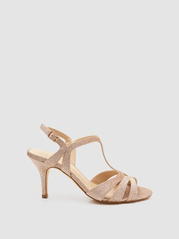 Glitter Almond Toe T-Strap Heel Sandal sold by Suzy Shier