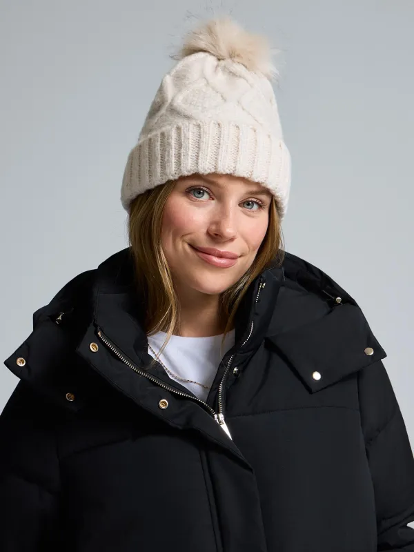 Cable Knit Hat With Faux Fur Pom Pom sold by Suzy Shier