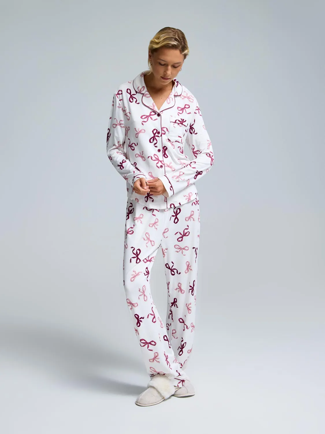 Bow Print Button-Down Pajama Set sold by Suzy Shier product image thumbnail 2