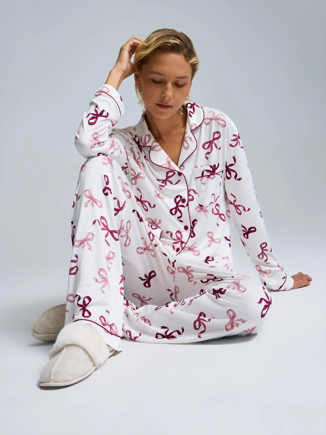 Bow Print Button-Down Pajama Set sold by Suzy Shier