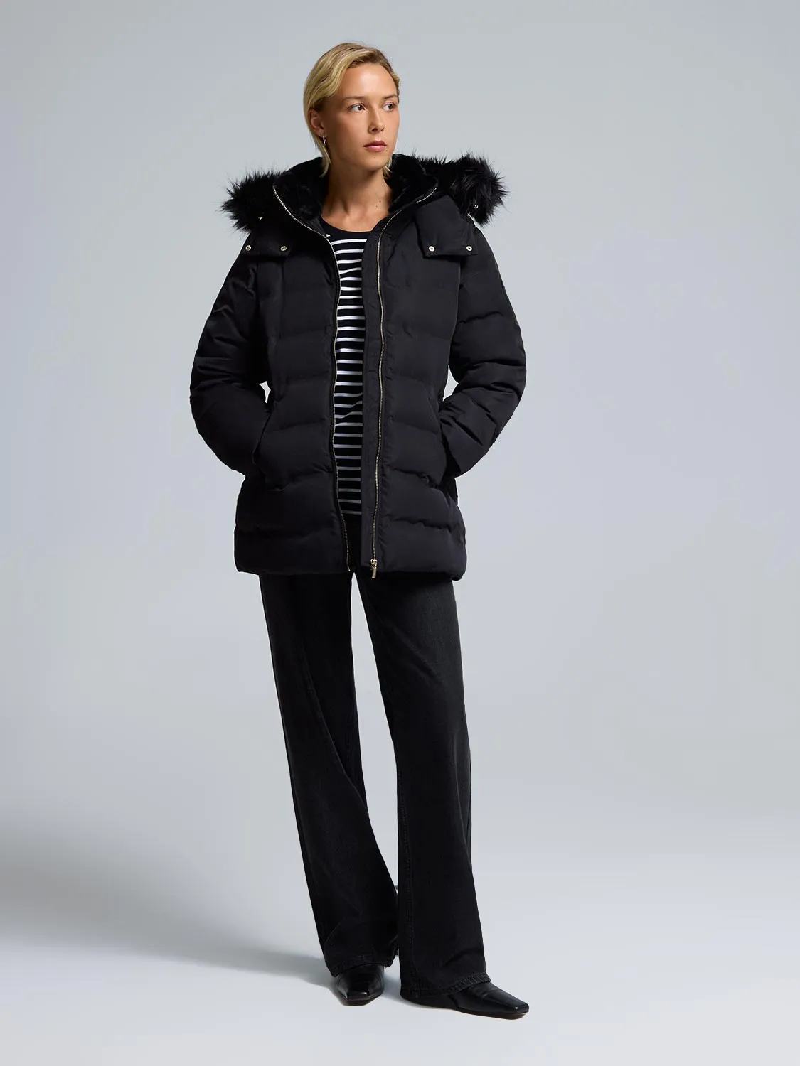 Faux Fur Hood Puffer Jacket sold by Suzy Shier