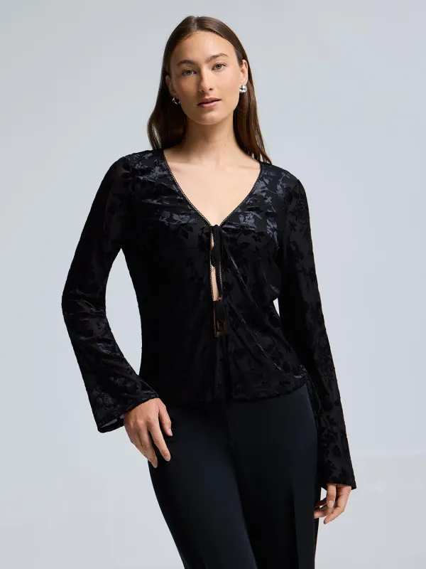 Burnout Velvet Tie-Front Cardigan sold by Suzy Shier