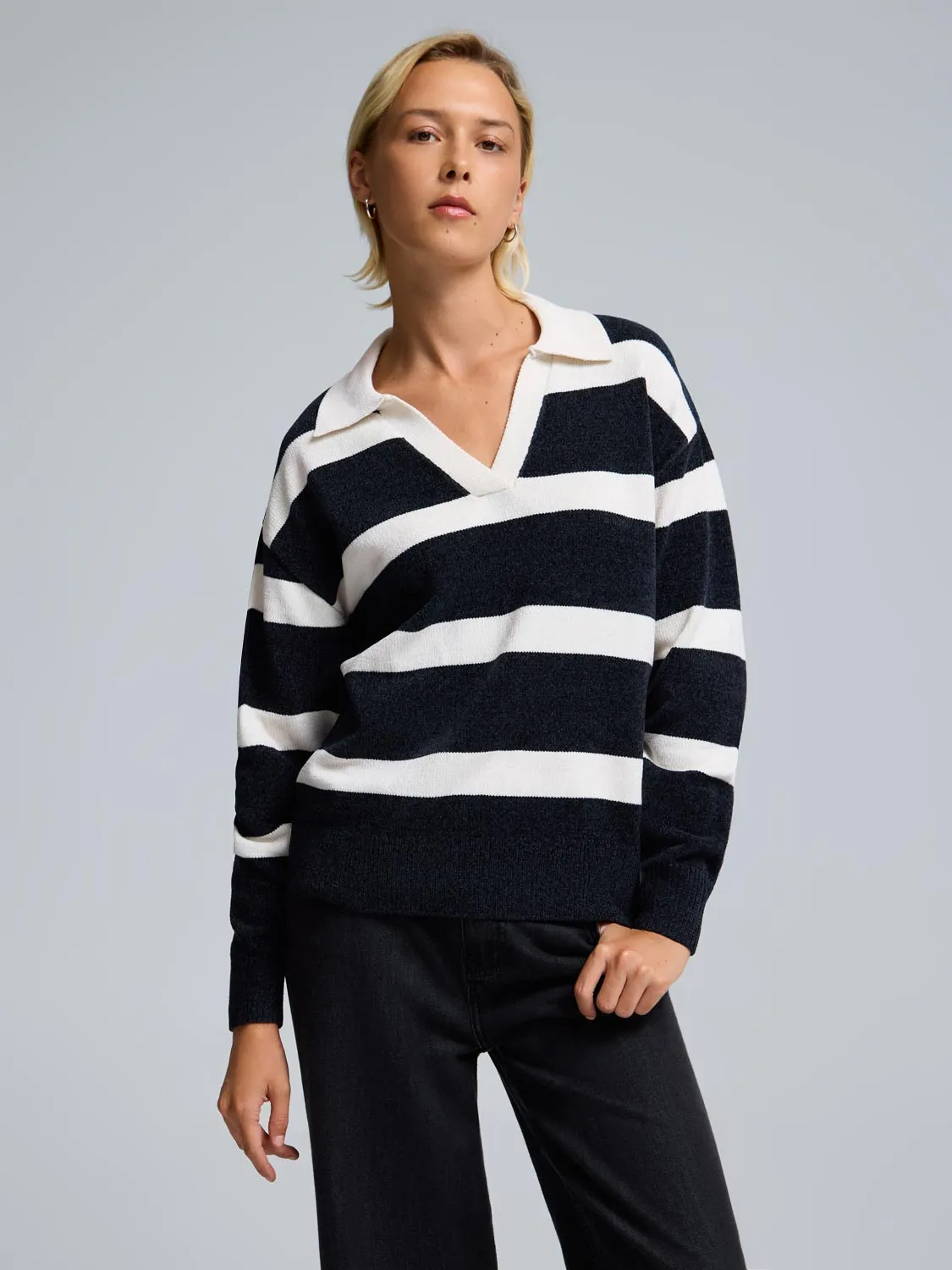 Johnny Collar Striped Chenille Sweater sold by Suzy Shier product image thumbnail 2